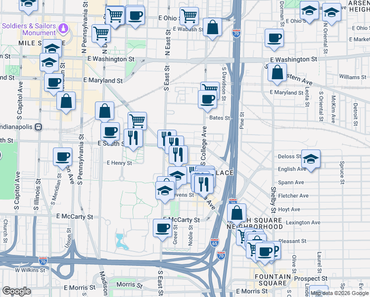 map of restaurants, bars, coffee shops, grocery stores, and more near 438 Virginia Avenue in Indianapolis