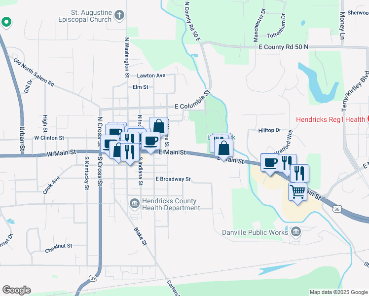 map of restaurants, bars, coffee shops, grocery stores, and more near 502 West Main Street in Danville
