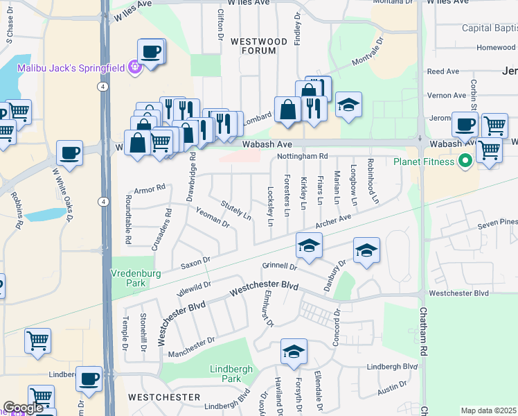 map of restaurants, bars, coffee shops, grocery stores, and more near 213 Stutely Ln in Springfield