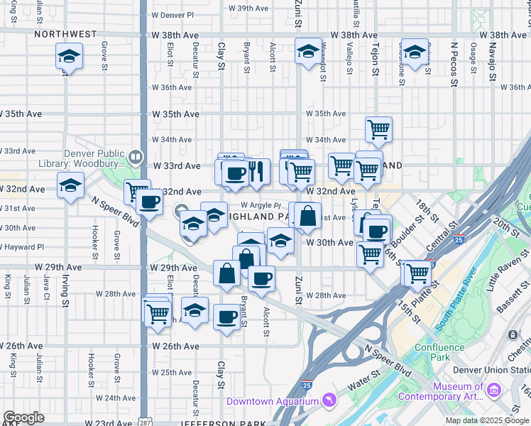 map of restaurants, bars, coffee shops, grocery stores, and more near in Denver