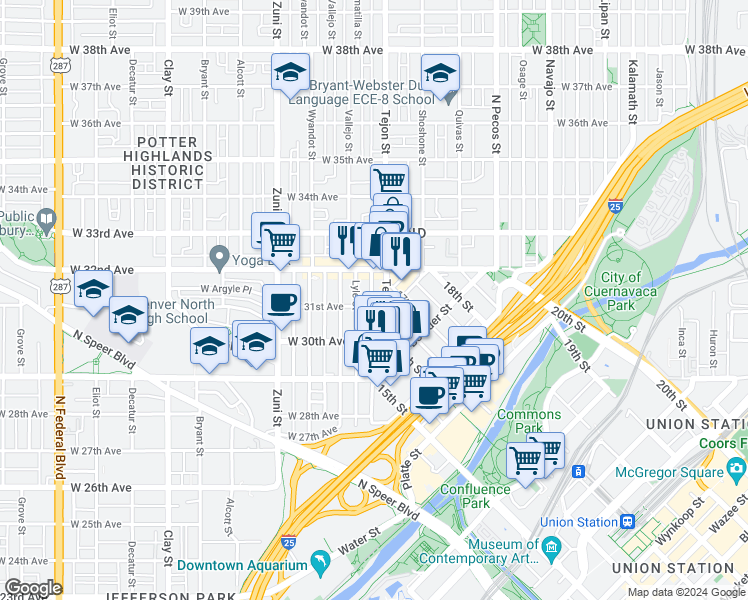 map of restaurants, bars, coffee shops, grocery stores, and more near 3102 Umatilla Street in Denver