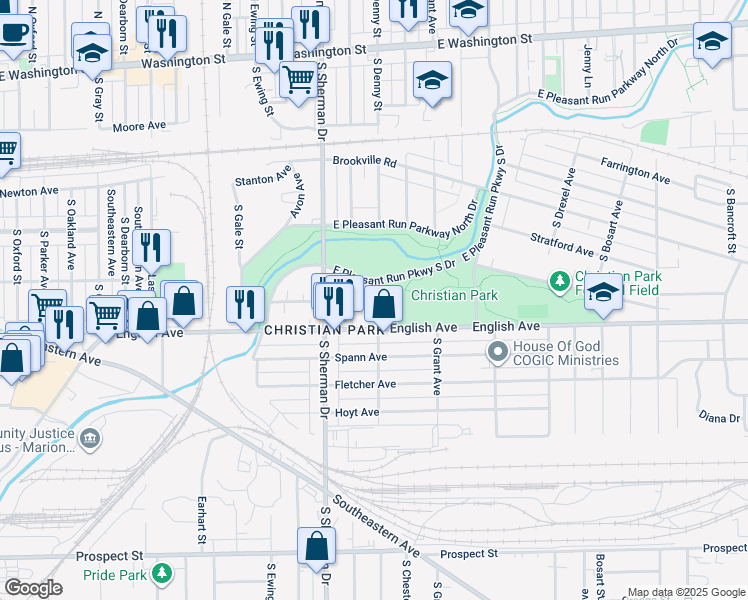 map of restaurants, bars, coffee shops, grocery stores, and more near 418 South Denny Street in Indianapolis