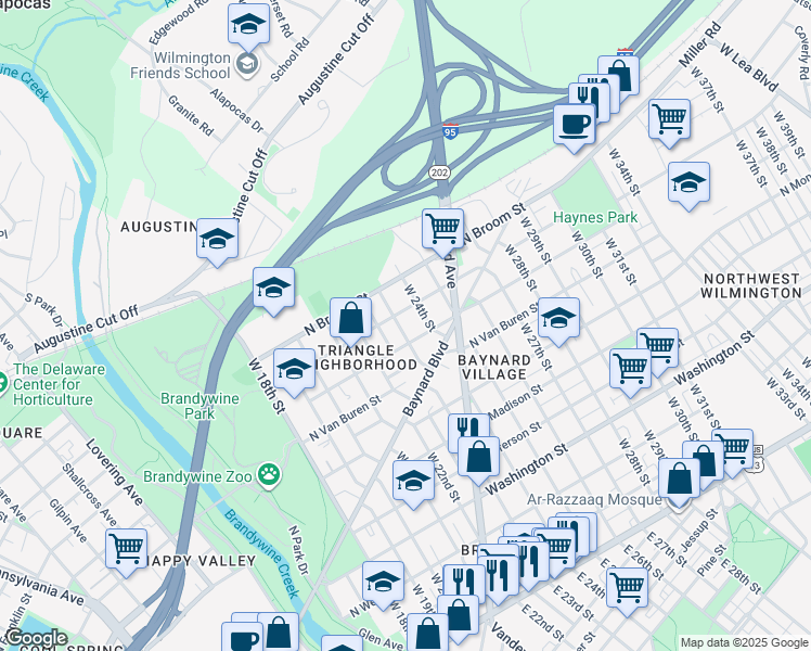 map of restaurants, bars, coffee shops, grocery stores, and more near 803 West 23rd Street in Wilmington