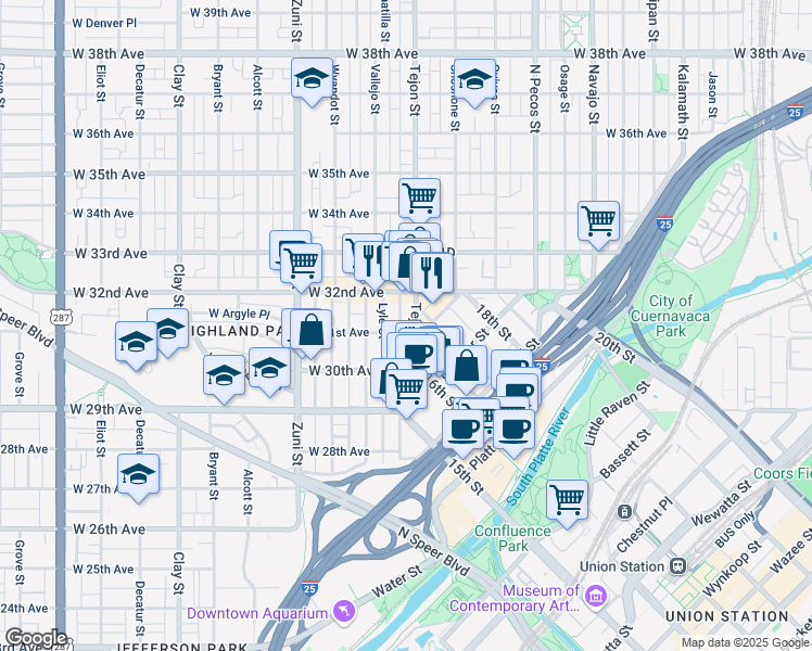 map of restaurants, bars, coffee shops, grocery stores, and more near 2102 West 31st Avenue in Denver