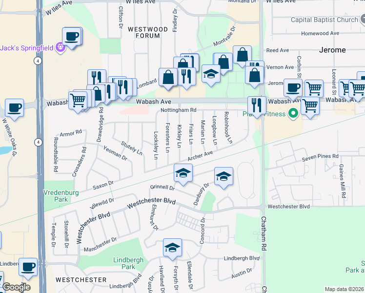 map of restaurants, bars, coffee shops, grocery stores, and more near 60 Kirkley Lane in Springfield