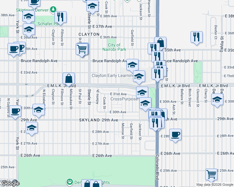 map of restaurants, bars, coffee shops, grocery stores, and more near 3540 East 31st Avenue in Denver