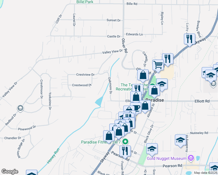 map of restaurants, bars, coffee shops, grocery stores, and more near 5883 Oakmore Drive in Paradise