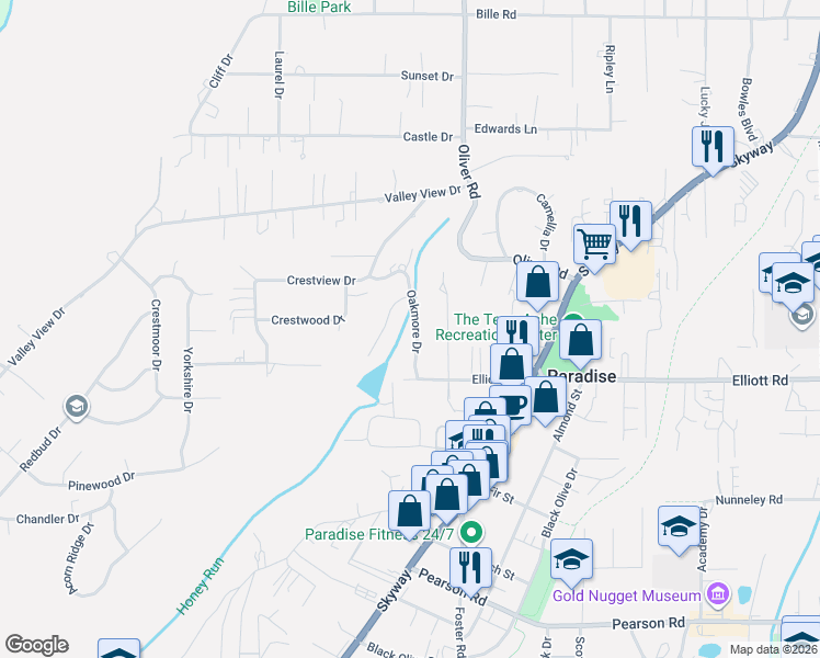 map of restaurants, bars, coffee shops, grocery stores, and more near 5887 Oakmore Drive in Paradise