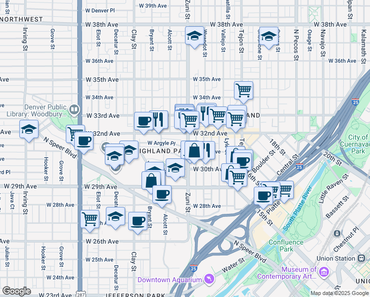 map of restaurants, bars, coffee shops, grocery stores, and more near 2409 West Argyle Place in Denver