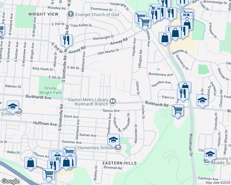 map of restaurants, bars, coffee shops, grocery stores, and more near 4725 Burkhardt Avenue in Dayton