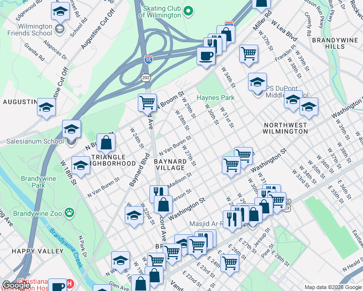 map of restaurants, bars, coffee shops, grocery stores, and more near 617 West 26th Street in Wilmington