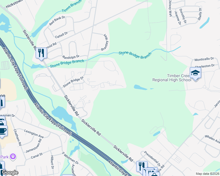 map of restaurants, bars, coffee shops, grocery stores, and more near 1214 Thackery Court in Sicklerville