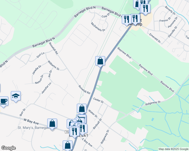 map of restaurants, bars, coffee shops, grocery stores, and more near 455 North Main Street in Barnegat Township