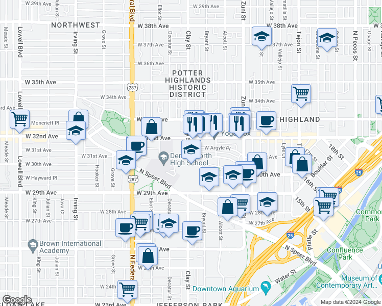 map of restaurants, bars, coffee shops, grocery stores, and more near 2631 West Dunkeld Place in Denver