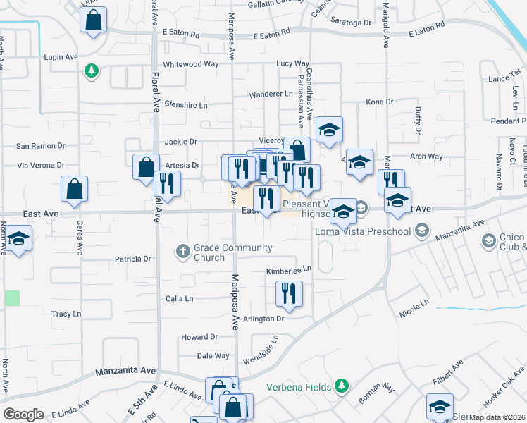 map of restaurants, bars, coffee shops, grocery stores, and more near 7 Gazania Court in Chico