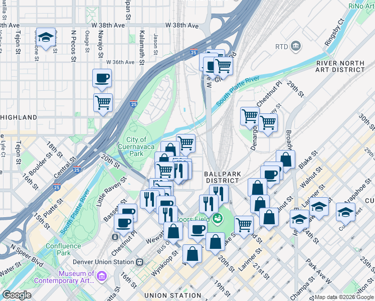 map of restaurants, bars, coffee shops, grocery stores, and more near 3030 Huron Street in Denver