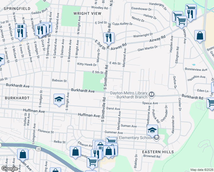 map of restaurants, bars, coffee shops, grocery stores, and more near 226 South Smithville Road in Dayton