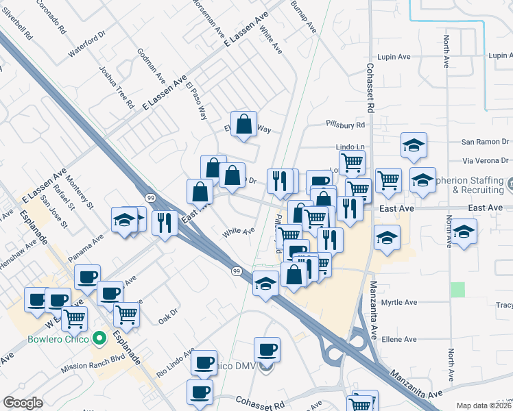 map of restaurants, bars, coffee shops, grocery stores, and more near 599 East Avenue in Chico