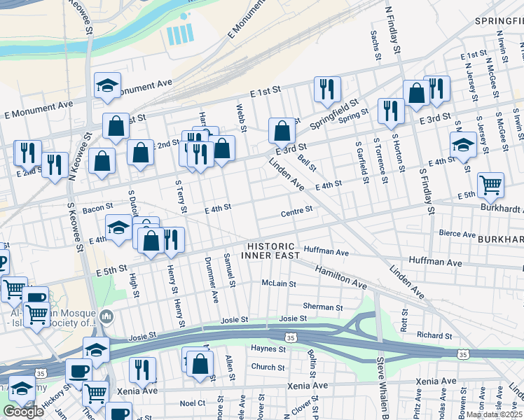 map of restaurants, bars, coffee shops, grocery stores, and more near 100 Huffman Avenue in Dayton