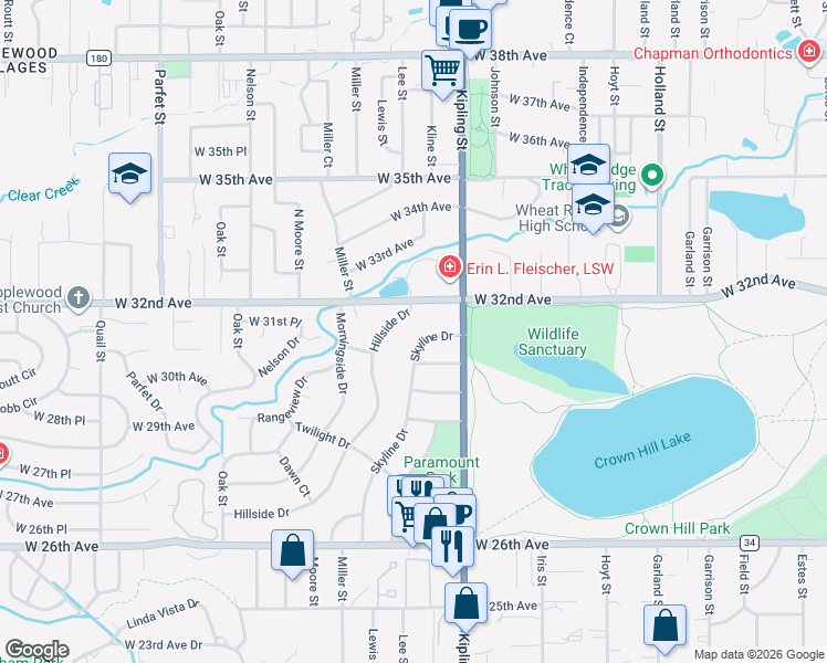 map of restaurants, bars, coffee shops, grocery stores, and more near 40 Skyline Drive in Wheat Ridge