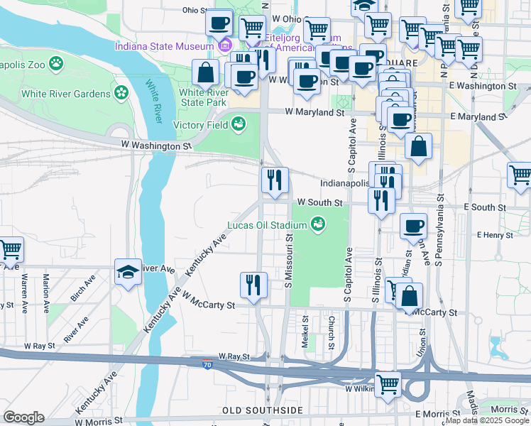 map of restaurants, bars, coffee shops, grocery stores, and more near 401 Kentucky Avenue in Indianapolis
