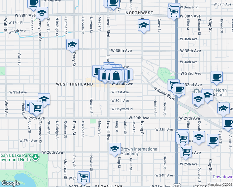 map of restaurants, bars, coffee shops, grocery stores, and more near 3432 West 31st Avenue in Denver