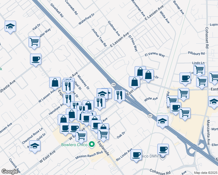 map of restaurants, bars, coffee shops, grocery stores, and more near 406 Panama Avenue in Chico