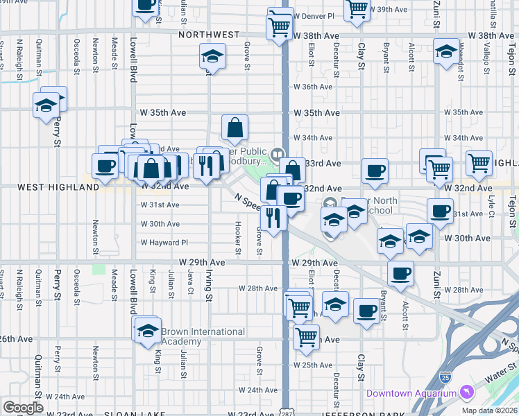 map of restaurants, bars, coffee shops, grocery stores, and more near N Speer Blvd & Grove St in Denver