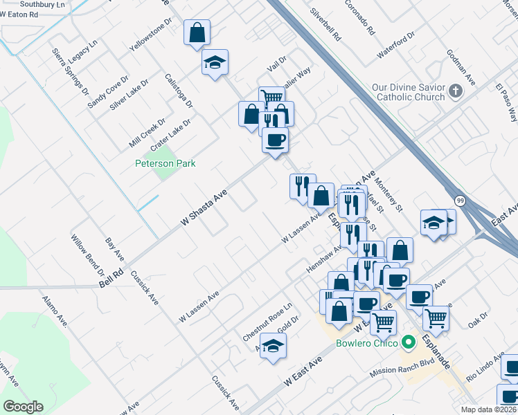 map of restaurants, bars, coffee shops, grocery stores, and more near 2 Brookvine Circle in Chico