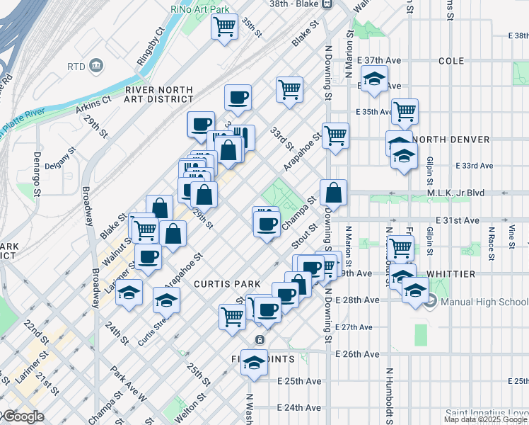 map of restaurants, bars, coffee shops, grocery stores, and more near 3047 Curtis Street in Denver
