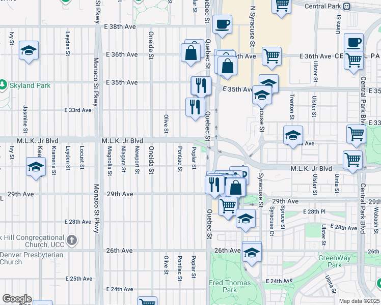 map of restaurants, bars, coffee shops, grocery stores, and more near 3010 Pontiac Street in Denver