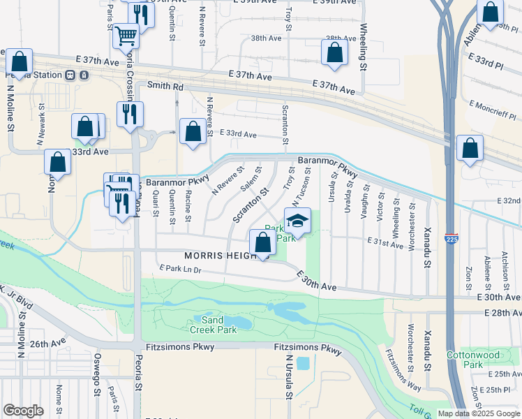 map of restaurants, bars, coffee shops, grocery stores, and more near 3162 Troy Street in Aurora