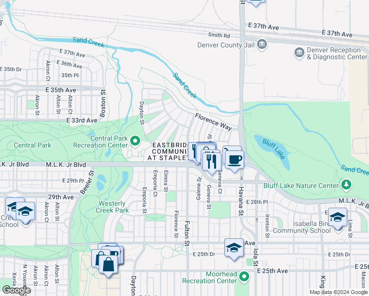 map of restaurants, bars, coffee shops, grocery stores, and more near 10066 East 31st Avenue in Denver