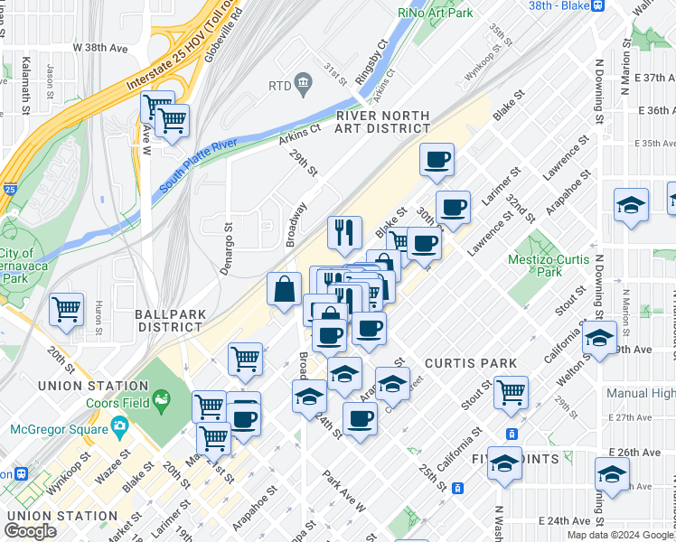 map of restaurants, bars, coffee shops, grocery stores, and more near 10 Blake Street in Denver