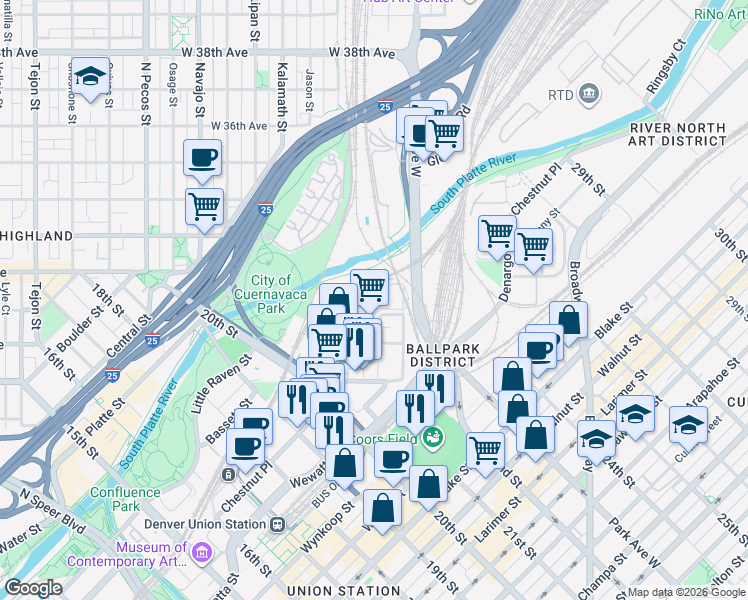 map of restaurants, bars, coffee shops, grocery stores, and more near 3030 Huron Street in Denver