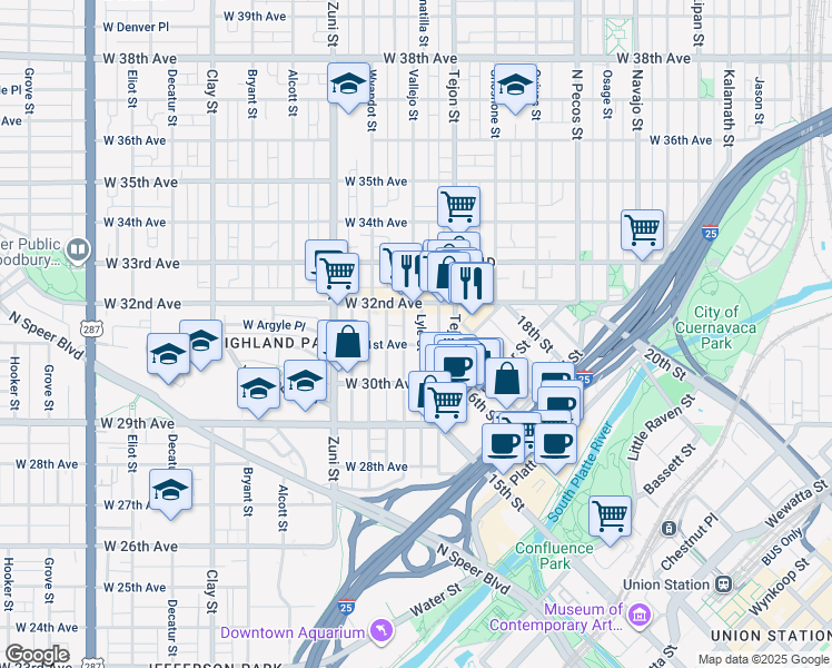 map of restaurants, bars, coffee shops, grocery stores, and more near 2102 West 31st Avenue in Denver