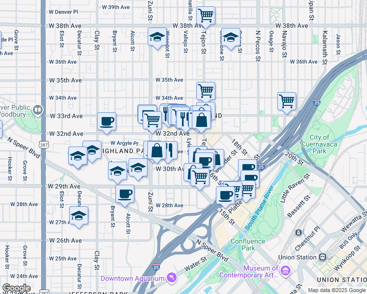 map of restaurants, bars, coffee shops, grocery stores, and more near 3039 Vallejo Street in Denver