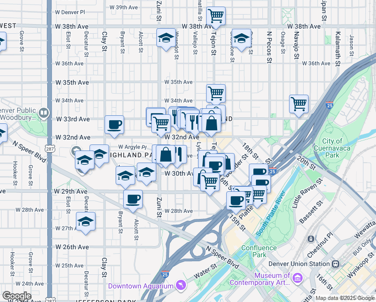 map of restaurants, bars, coffee shops, grocery stores, and more near 3039 Vallejo Street in Denver