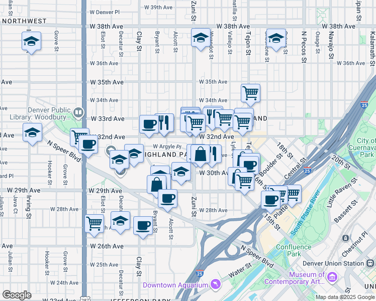 map of restaurants, bars, coffee shops, grocery stores, and more near in Denver