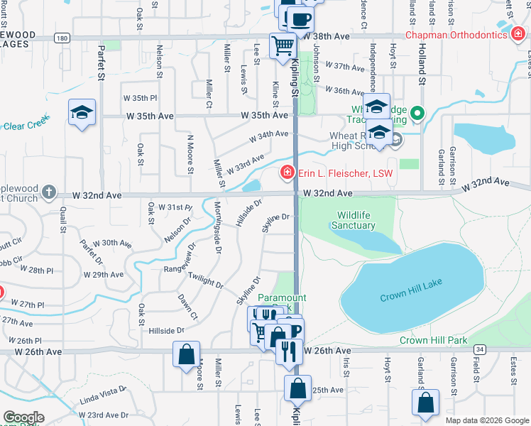 map of restaurants, bars, coffee shops, grocery stores, and more near 40 Skyline Drive in Wheat Ridge