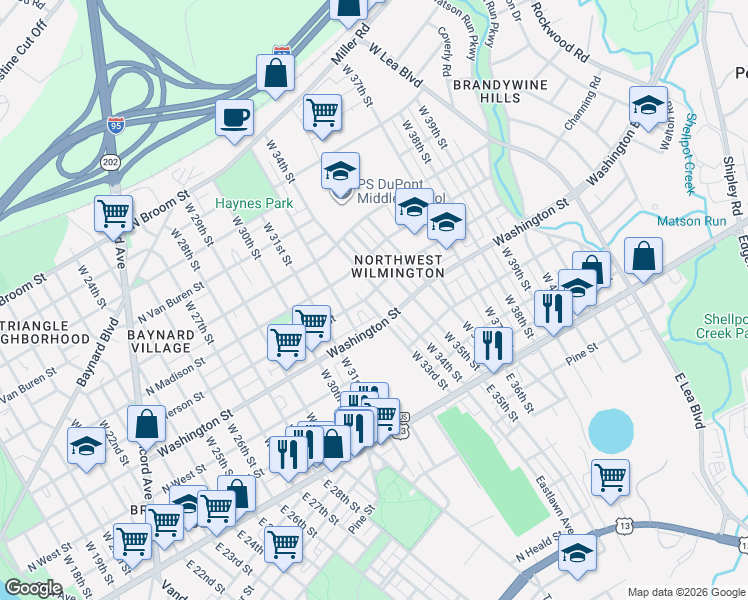 map of restaurants, bars, coffee shops, grocery stores, and more near 3300 Washington Street in Wilmington