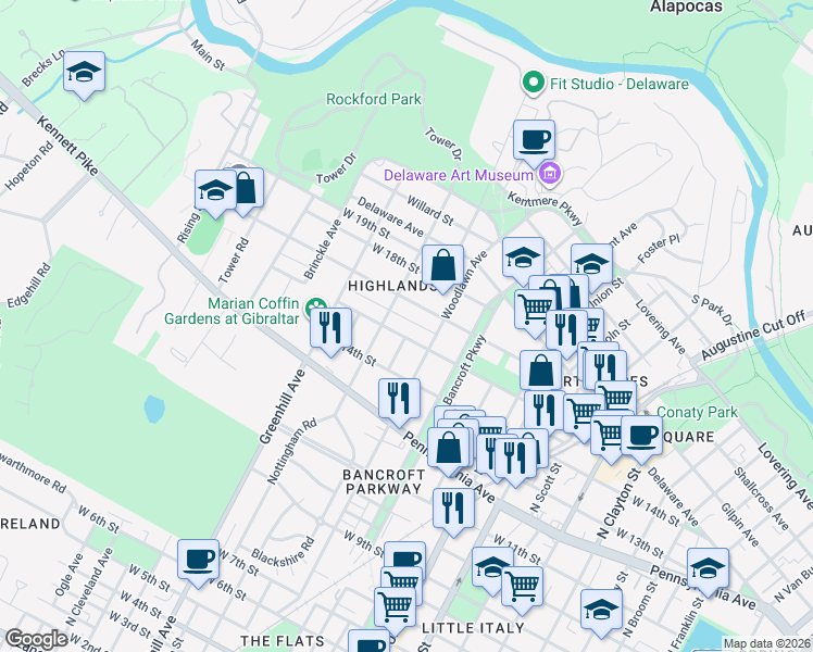 map of restaurants, bars, coffee shops, grocery stores, and more near 1413 Hamilton Street in Wilmington