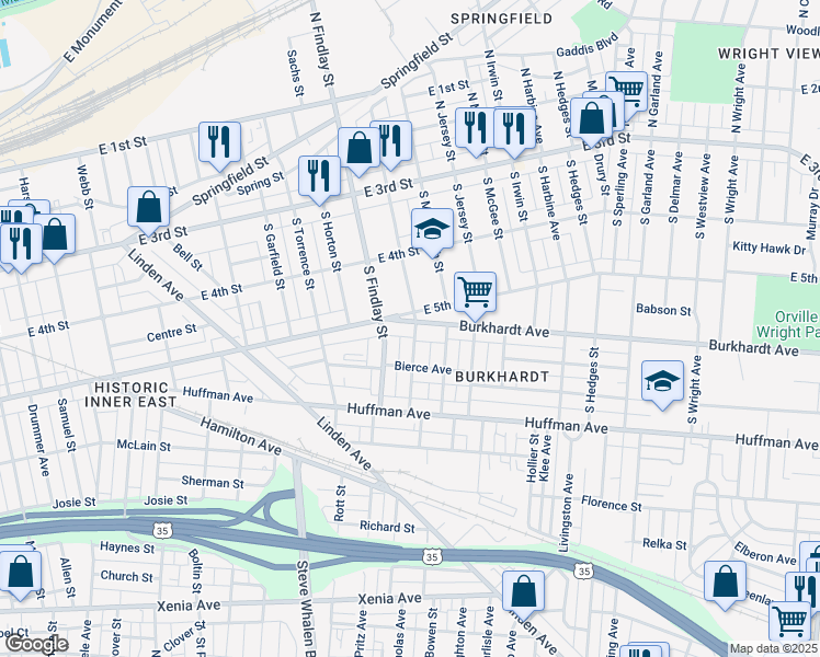 map of restaurants, bars, coffee shops, grocery stores, and more near 26 Gerlaugh Avenue in Dayton