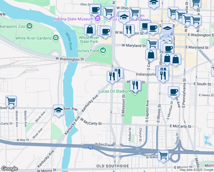 map of restaurants, bars, coffee shops, grocery stores, and more near 401 Kentucky Avenue in Indianapolis