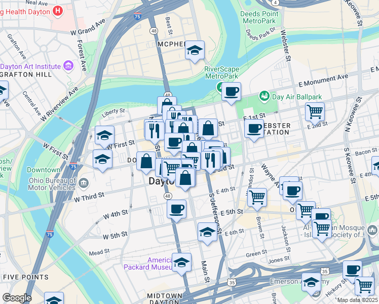 map of restaurants, bars, coffee shops, grocery stores, and more near 40 East 2nd Street in Dayton