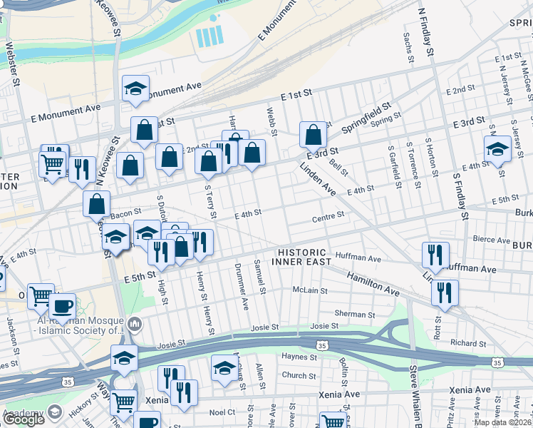 map of restaurants, bars, coffee shops, grocery stores, and more near 126 Ringgold Street in Dayton