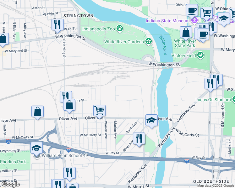 map of restaurants, bars, coffee shops, grocery stores, and more near 340 South White River Parkway West Drive in Indianapolis