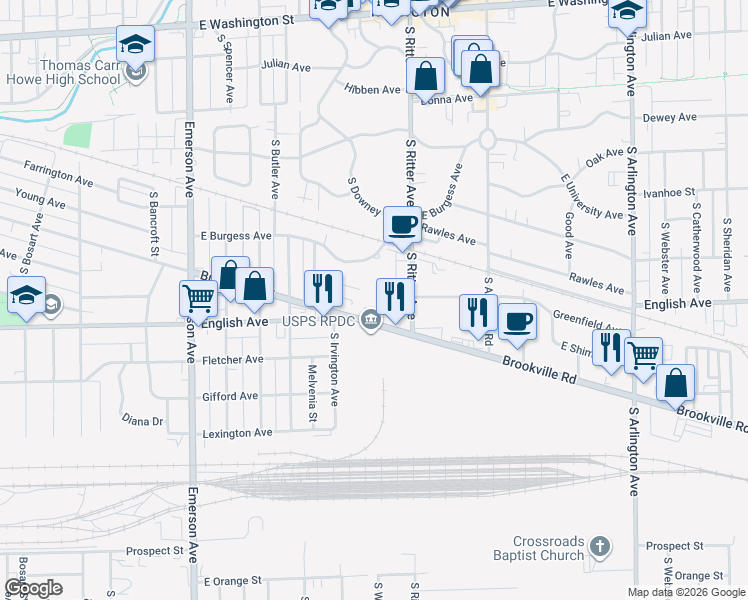 map of restaurants, bars, coffee shops, grocery stores, and more near 5452 South Brookville Road in Indianapolis
