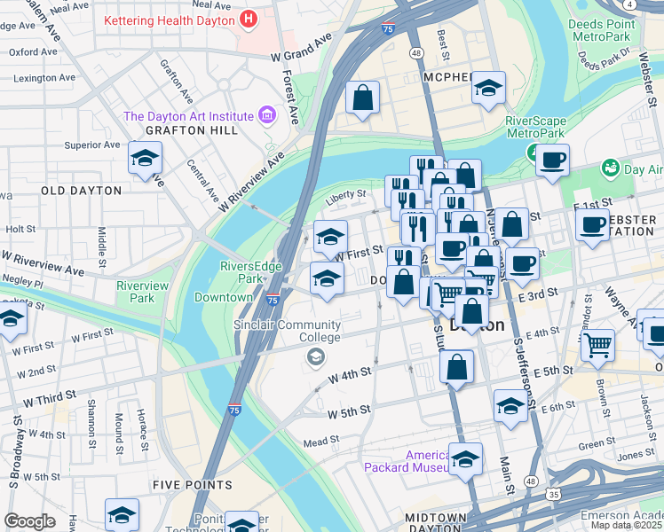 map of restaurants, bars, coffee shops, grocery stores, and more near 348 West First Street in Dayton