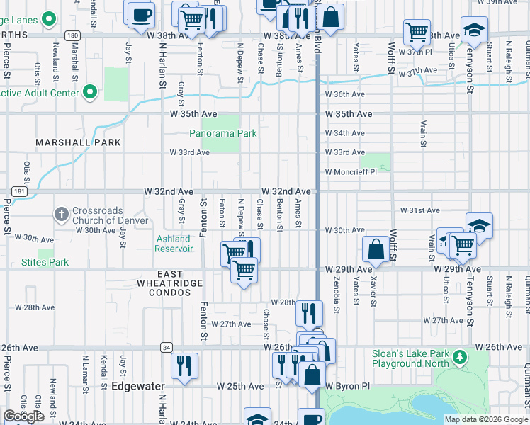 map of restaurants, bars, coffee shops, grocery stores, and more near 3019 Chase Street in Wheat Ridge